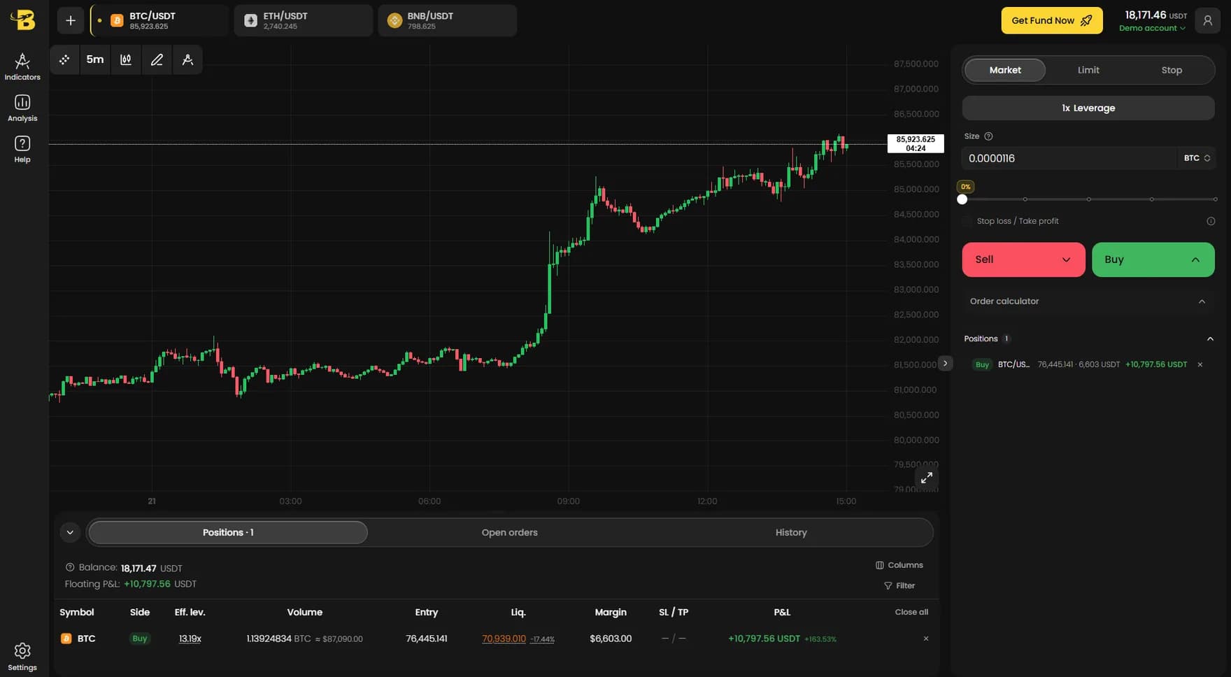 The BLACK ROCKET trading dashboard with a live BTC/USDT chart, order ticket and open positions